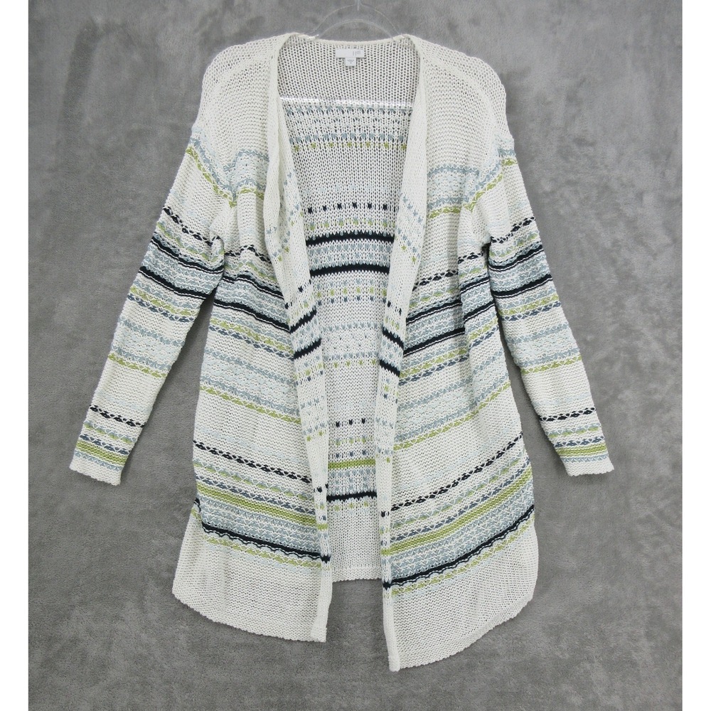J Jill Sweater Womens Size M Cardigan Striped Open Front Cotton Nautical White
